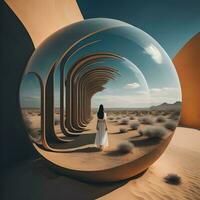 AI generated Woman in the desert looking through a glass ball. generative ai photo