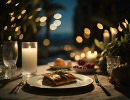 AI generated Table setting for christmas dinner on the beach. Selective focus. generative ai photo