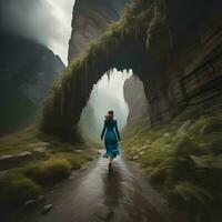 AI generated Woman in a long dress walking in a cave. generative ai photo