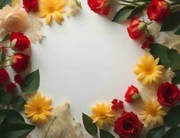 AI generated Flowers composition. Frame made of red, yellow and white roses on white background. Flat lay, top view, copy space. generative ai photo