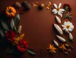 AI generated Autumn composition with flowers and pumpkins on brown background. Flat lay, top view. generative ai photo