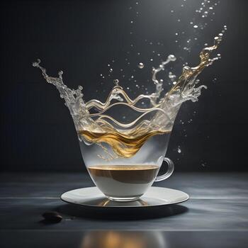AI generated Cup of coffee with splashes of water on dark background. generative ai photo