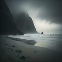 ai generado negro arena playa en reynisfjara, Islandia. largo exposición. generativo ai foto