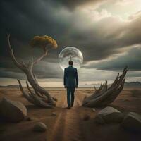 AI generated Businessman in the desert looking at the moon. generative ai photo