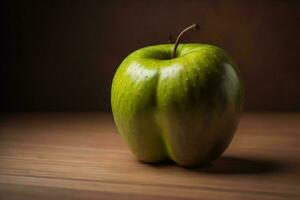 AI generated Green apple on a wooden table. Dark background. Selective focus. ai generated photo