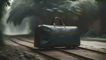 AI generated Black leather travel bag standing on rails in the foggy forest. generative ai photo