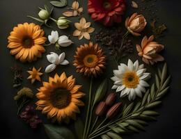 AI generated Beautiful autumn flowers on black background. Flat lay, top view. generative ai photo