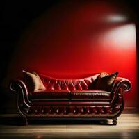 AI generated Luxury red leather sofa with pillows in a dark room. generative ai photo