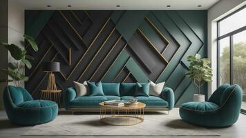 AI generated Interior of modern living room with grey and green walls, tiled floor, comfortable blue sofa and coffee table. generative ai photo