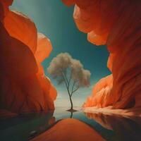 AI generated Fantasy landscape with lonely tree in the desert. generative ai photo