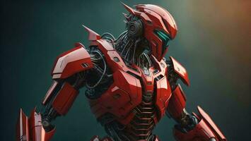 AI generated a cyber man with a red armor on a dark background. generative ai photo