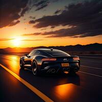 AI generated a black sports car on the road at sunset. generative ai photo