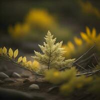 AI generated Yellow fern growing on a rock in a forest. Toned. generative ai photo