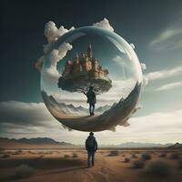 AI generated Fantasy landscape with a man standing on a sphere and looking at the castle. generative ai photo