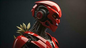 AI generated Robot with red helmet on black background. generative ai photo