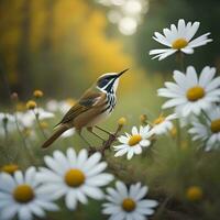 AI generated A beautiful bird sitting on a branch among daisies in the forest. generative ai photo