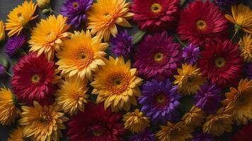 AI generated Colorful gerbera flowers on dark background. Top view. generative ai photo