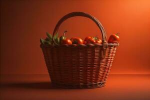 AI generated Basket of ripe tomatoes on an orange background. Toned. ai generative photo