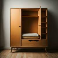 AI generated Modern wooden wardrobe with pillows on the floor. generative ai photo