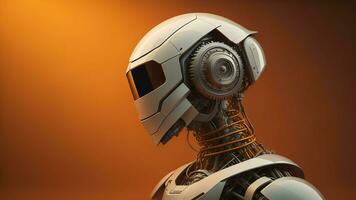 AI generated robot or cyborg with helmet on orange background. generative ai photo