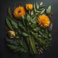 AI generated Flower bouquet on black background. Flat lay, top view. generative ai photo