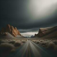 AI generated Road in the desert with stormy sky. generative ai photo