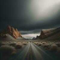 ai generado la carretera en el Desierto con Tormentoso cielo. generativo ai foto