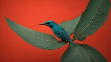 ai generado azul pájaro en un verde hoja aislado en un rojo antecedentes. generativo ai foto