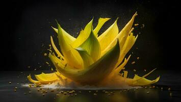 AI generated yellow flower petals in water on black background. generative ai photo