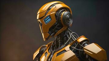 AI generated robot with orange helmet on dark background with copy space. generative ai photo