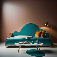 ai generado interior de moderno vivo habitación con azul sofá, café mesa y lámparas generativo ai foto