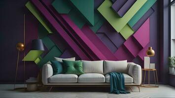 AI generated interior with sofa, lamp and colorful geometric shapes. generative ai photo