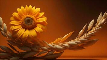 AI generated Sunflower and ears of wheat on orange background. generative ai photo
