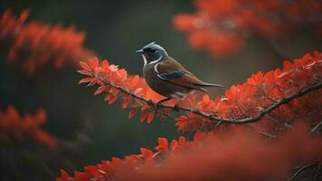 AI generated A jay perched on a rowan tree branch in the fall. generative ai photo