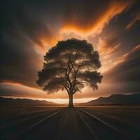 AI generated Lonely tree on the road at sunset, generative ai photo