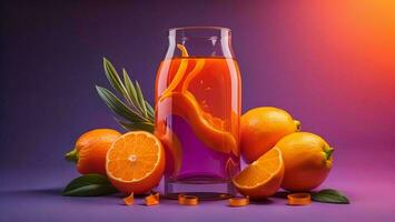 ai generado naranja jugo en un vaso en un púrpura antecedentes con naranjas y hojas. generativo ai foto
