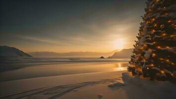 AI generated Beautiful winter landscape with snow covered trees on the shore. generative ai photo