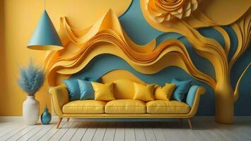 AI generated modern living room with yellow sofa and blue wall. generative ai photo