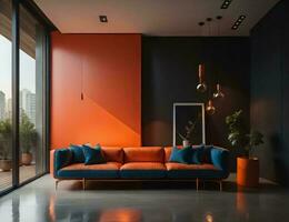 AI generated interior of modern bright living room with orange and black walls, concrete floor, comfortable orange sofa and coffee table near window. generative ai photo