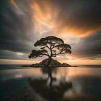 ai generado solitario pino árbol en un rock en el mar a puesta de sol. generativo ai foto