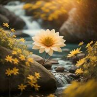 ai generado hermosa amarillo flor en el antecedentes de un montaña arroyo. suave enfocar. generativo ai foto