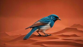 AI generated Beautiful blue bird on orange background with copy space. generative ai photo