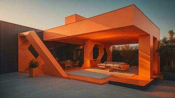 AI generated modern cozy house in the desert. Sunset. generative ai photo