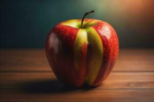 AI generated Red apple on wooden table with copy space. Vintage style toned picture. ai generated photo