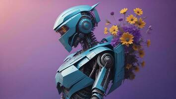 AI generated Robot with flowers on a purple background. generative ai photo