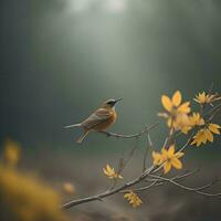 AI generated beautiful little bird sitting on a branch in the autumn forest. generative ai photo