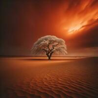 AI generated Tree in the desert at sunset. generative ai photo