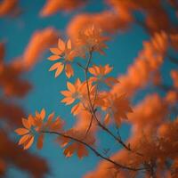 ai generado brillante naranja otoño hojas en un azul cielo antecedentes. tonificado generativo ai foto