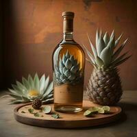 AI generated Bottle of alcohol with aloe vera and cactus. generative ai photo