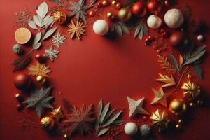 AI generated Christmas and New Year holidays background. Christmas decorations on red background. generative ai photo